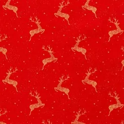 Tessuto di Cotone Rennes di Natale Dorati su sfondo rosso | Tissus Loup