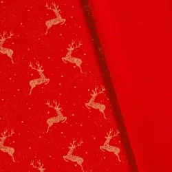 Tessuto di Cotone Rennes di Natale Dorati su sfondo rosso | Tissus Loup