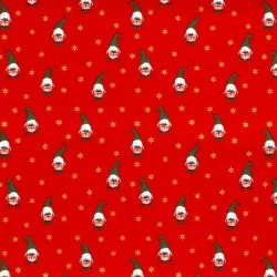 Tessuto di Cotone Elfi di Natale e Stelle Dorate su sfondo rosso |Tissus Loup