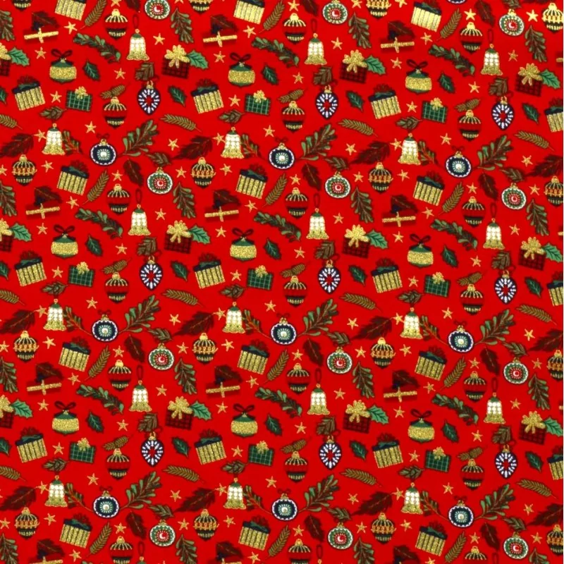 Tessuto di Cotone Regali e Palline di Natale su sfondo rosso |Tissus Loup