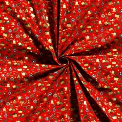 Tessuto di Cotone Regali e Palline di Natale su sfondo rosso |Tissus Loup