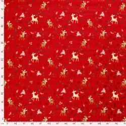 Tessuto di Cotone con Cervo, Coniglio e Renna di Natale su sfondo rosso |Tissus Loup