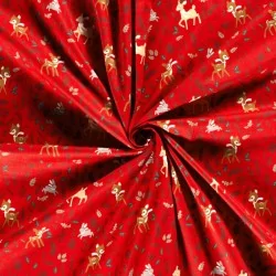 Tessuto di Cotone con Cervo, Coniglio e Renna di Natale su sfondo rosso |Tissus Loup
