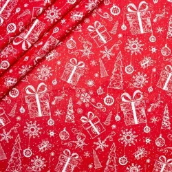 Tessuto di Cotone Regali e Albero di Natale su Sfondo Rosso | Tissus Loup