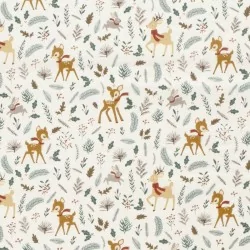 Tessuto di Cotone con Cervo, Coniglio e Renna di Natale su sfondo bianco |Tissus Loup