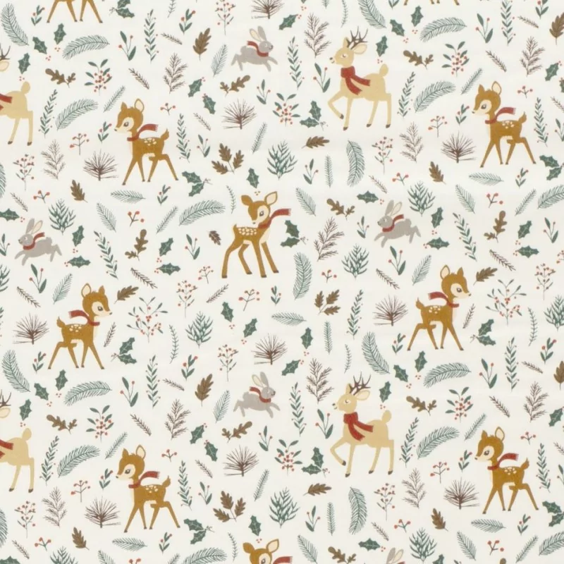Tessuto di Cotone con Cervo, Coniglio e Renna di Natale su sfondo bianco |Tissus Loup