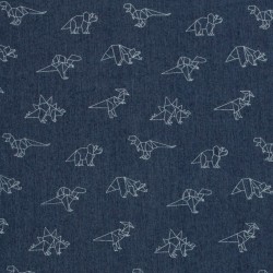 Tessuto Jeans stretch blu scuro dinosauri origami | Tissus Loup