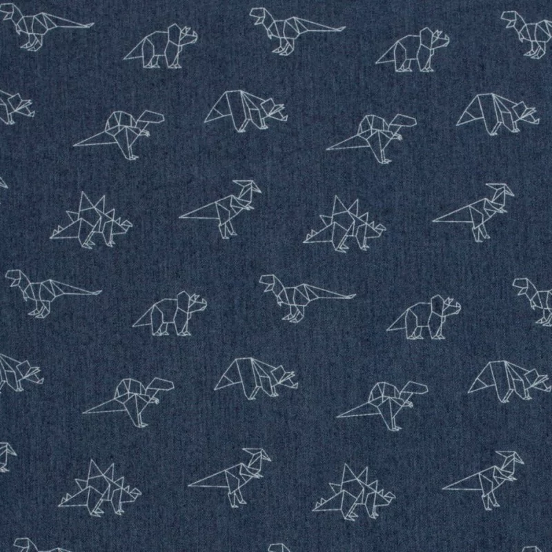 Tessuto Jeans stretch blu scuro dinosauri origami | Tissus Loup