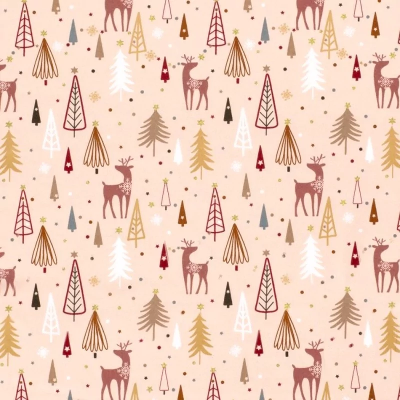 Tessuto di Cotone Rennes di Natale e Abeti su sfondo rosa polvere | Tissus Loup