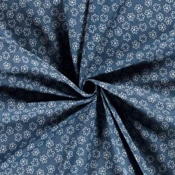 Tessuto jeans stretch blu chiaro con stampa di fiori bianchi | Tissus Loup