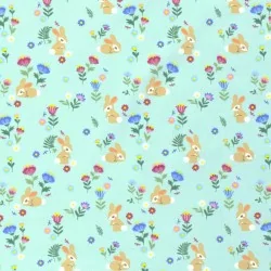 Tessuto Jersey cotone Conigli e fiori su sfondo turchese chiaro | Tissus Loup
