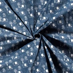 Tessuto Jean stretch stampato blu chiaro Elefante Leone e Palma | Tissus Loup