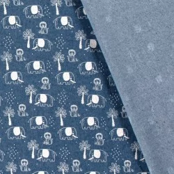 Tessuto Jean stretch stampato blu chiaro Elefante Leone e Palma | Tissus Loup
