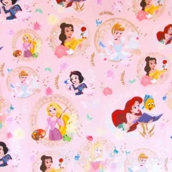 Tessuto Cotone Principesse Disney su Fondo Rosa Cipria | Tissus Loup