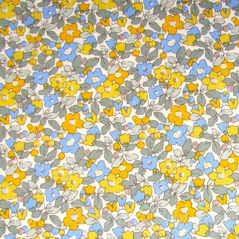 Tessuto di Cotone Piccoli Fiori Gialli e Blu | Tessuti Lupo