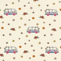 Tessuto Jersey di cotone VW Bus Peace and Love e Fiori | Tessuti Lupo