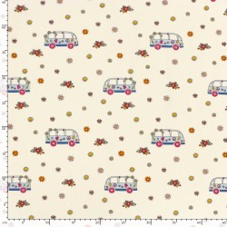 Tessuto Jersey di cotone VW Bus Peace and Love e Fiori | Tessuti Lupo