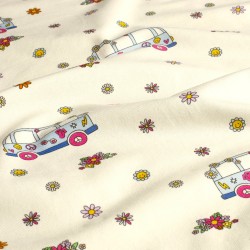 Tessuto Jersey di cotone VW Bus Peace and Love e Fiori | Tessuti Lupo