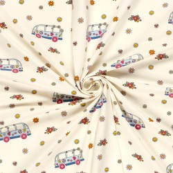 Tessuto Jersey di cotone VW Bus Peace and Love e Fiori | Tessuti Lupo