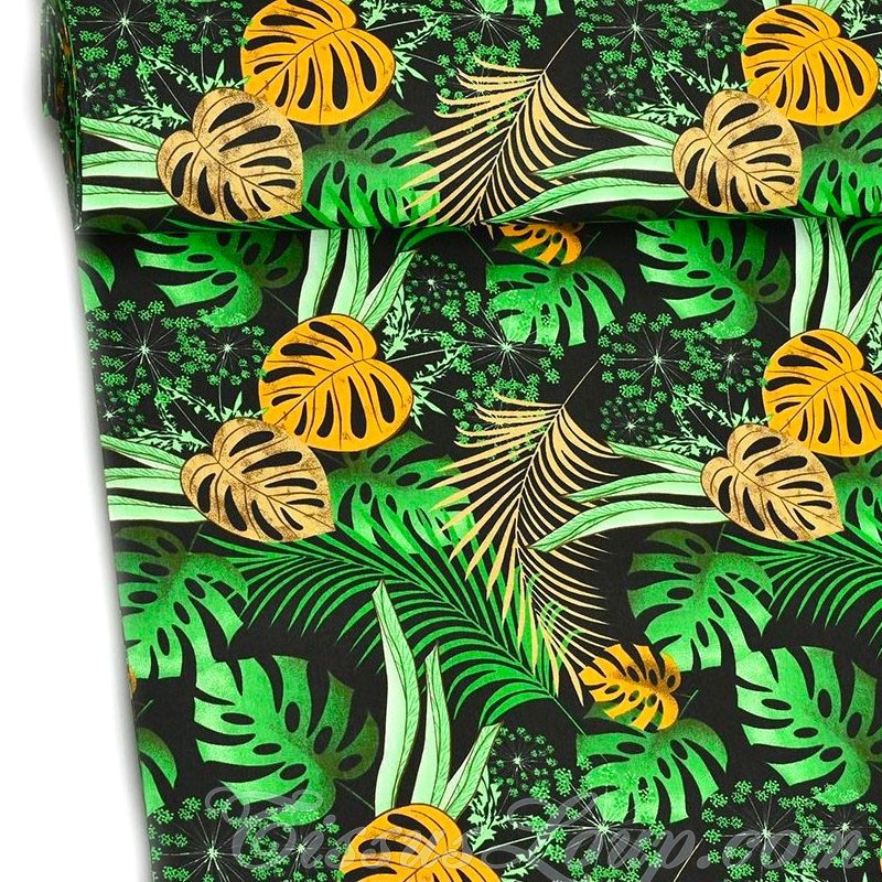Tessuto Foglie di Monstera e Palma su Sfondo Nero — 1