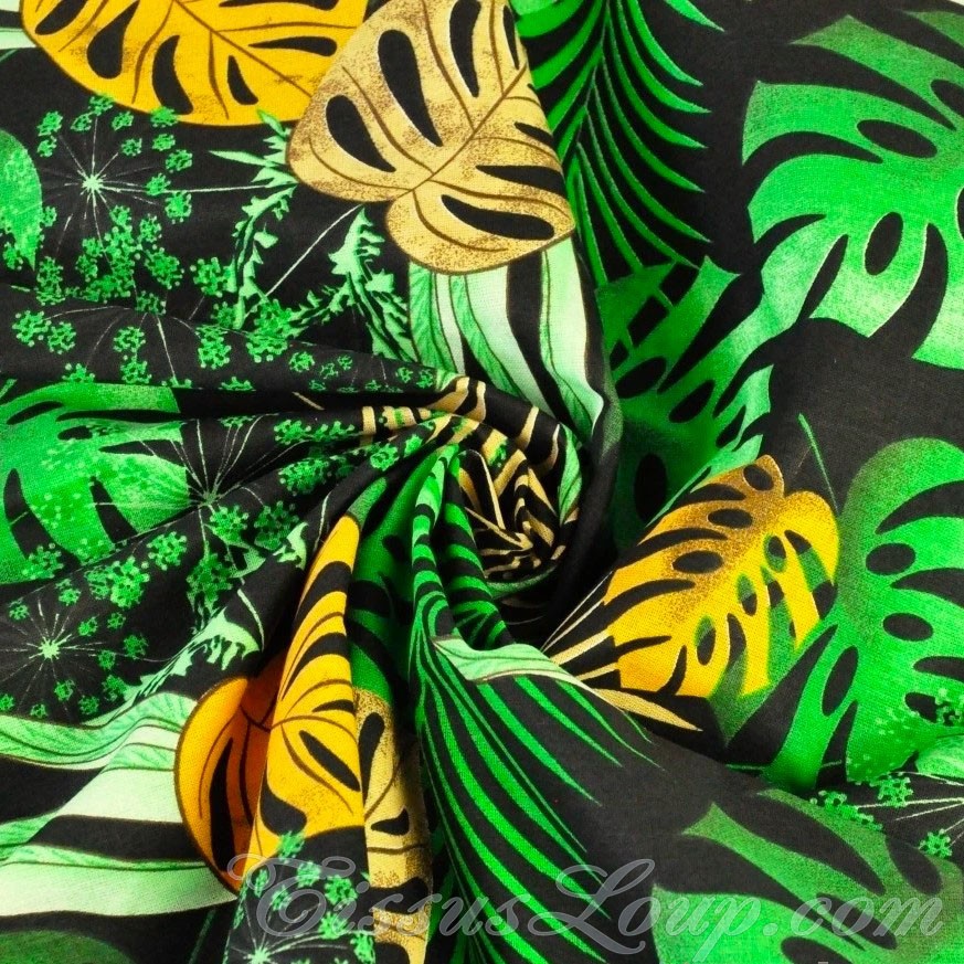 Tessuto Foglie di Monstera e Palma su Sfondo Nero — 3
